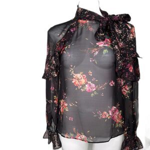 Fairy Grunge Whimsigoth Intermix Silk Blouse Sheer Ruffles Pussybow Collar XS